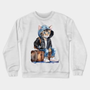 cute street cat wearing a jacket hoodie sitting on a suitcase Crewneck Sweatshirt